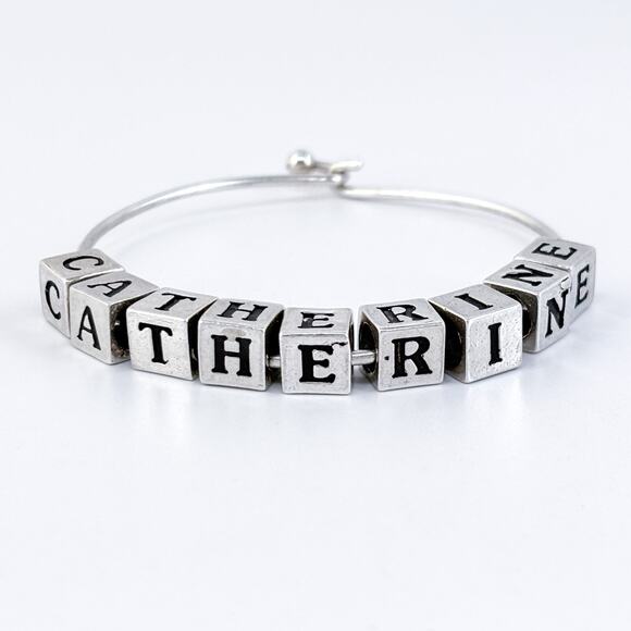 Vintage Sterling Silver 925 Catherine Name Cube Charm Bangle Bracelet 7" - Picture 4 of 10